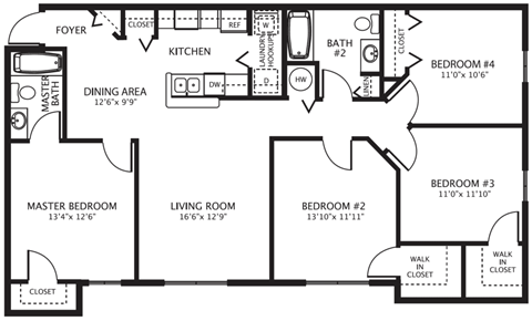Floor plan for 4 beds, 2 baths, 1329 sqft